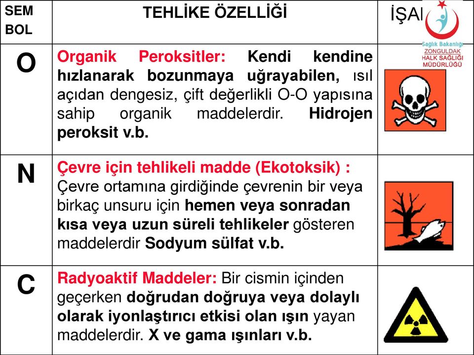 Çevre için tehlikeli madde (Ekotoksik) : Çevre ortamına girdiğinde çevrenin bir veya birkaç unsuru için hemen veya sonradan kısa veya uzun