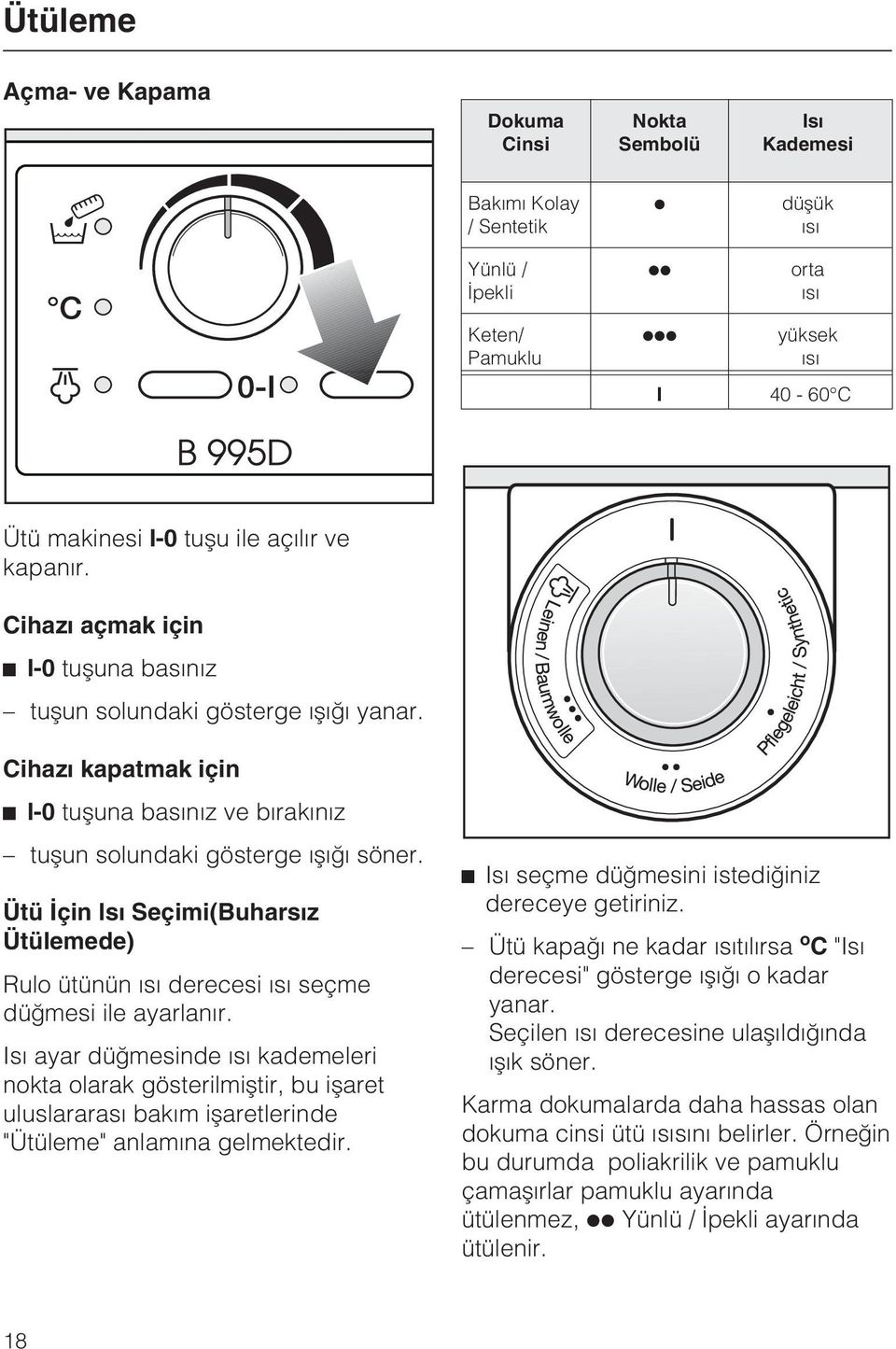 Ütü Ýçin Isý Seçimi(Buharsýz Ütülemede) Rulo ütünün ýsý derecesi ýsý seçme düðmesi ile ayarlanýr.