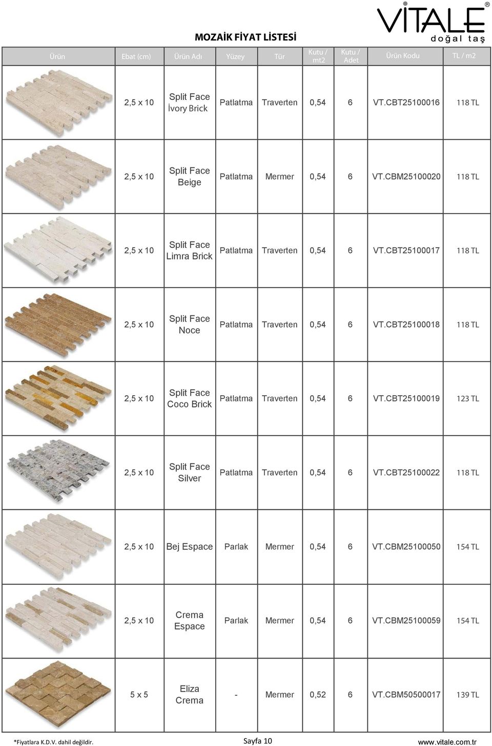 CBT25100018 118 TL 2,5 x 10 Coco Brick Patlatma Traverten 0,54 6 VT.CBT25100019 123 TL 2,5 x 10 Silver Patlatma Traverten 0,54 6 VT.