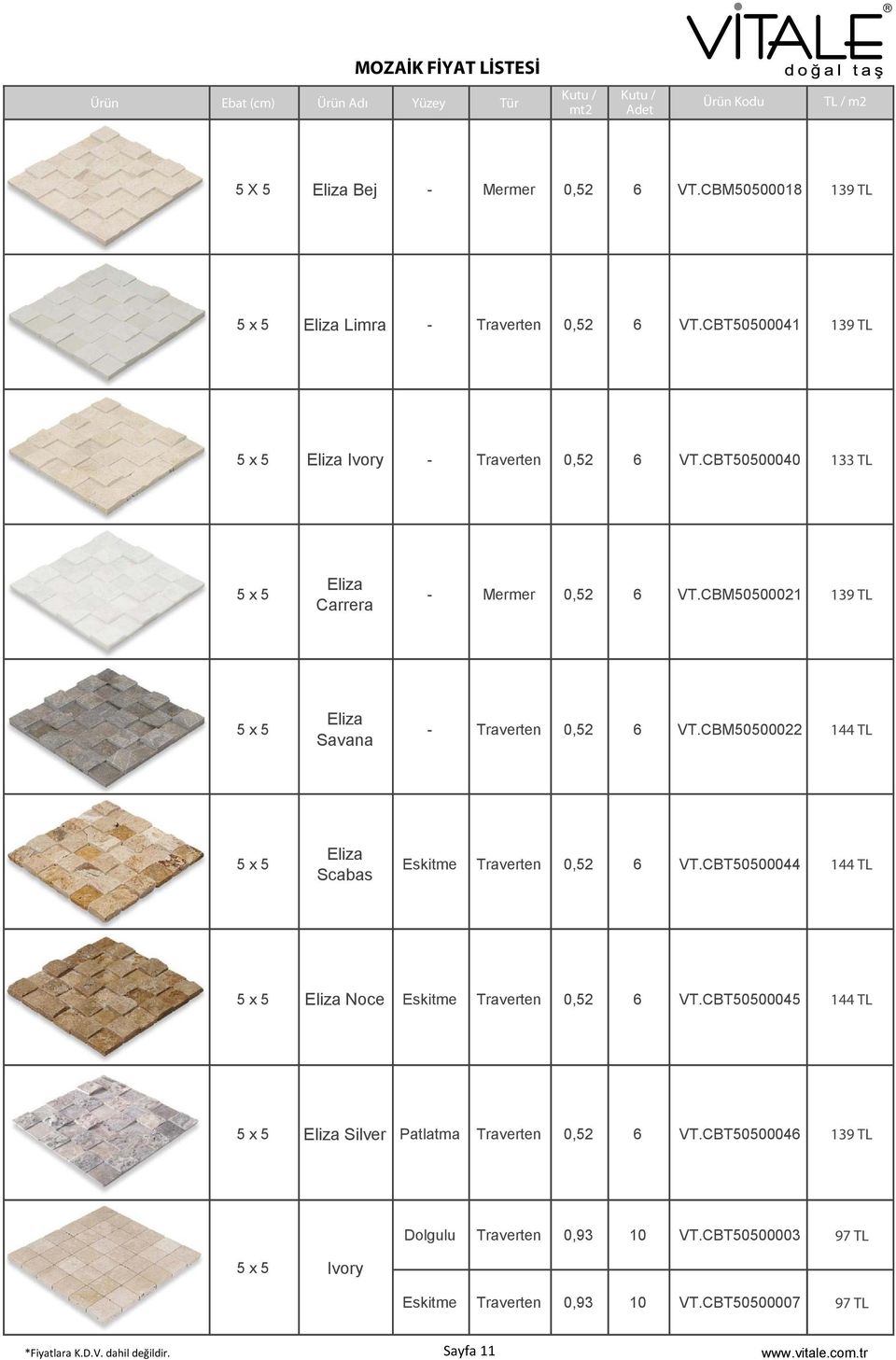 CBM50500021 139 TL 5 x 5 Eliza Savana - Traverten 0,52 6 VT.CBM50500022 144 TL 5 x 5 Eliza Scabas Eskitme Traverten 0,52 6 VT.