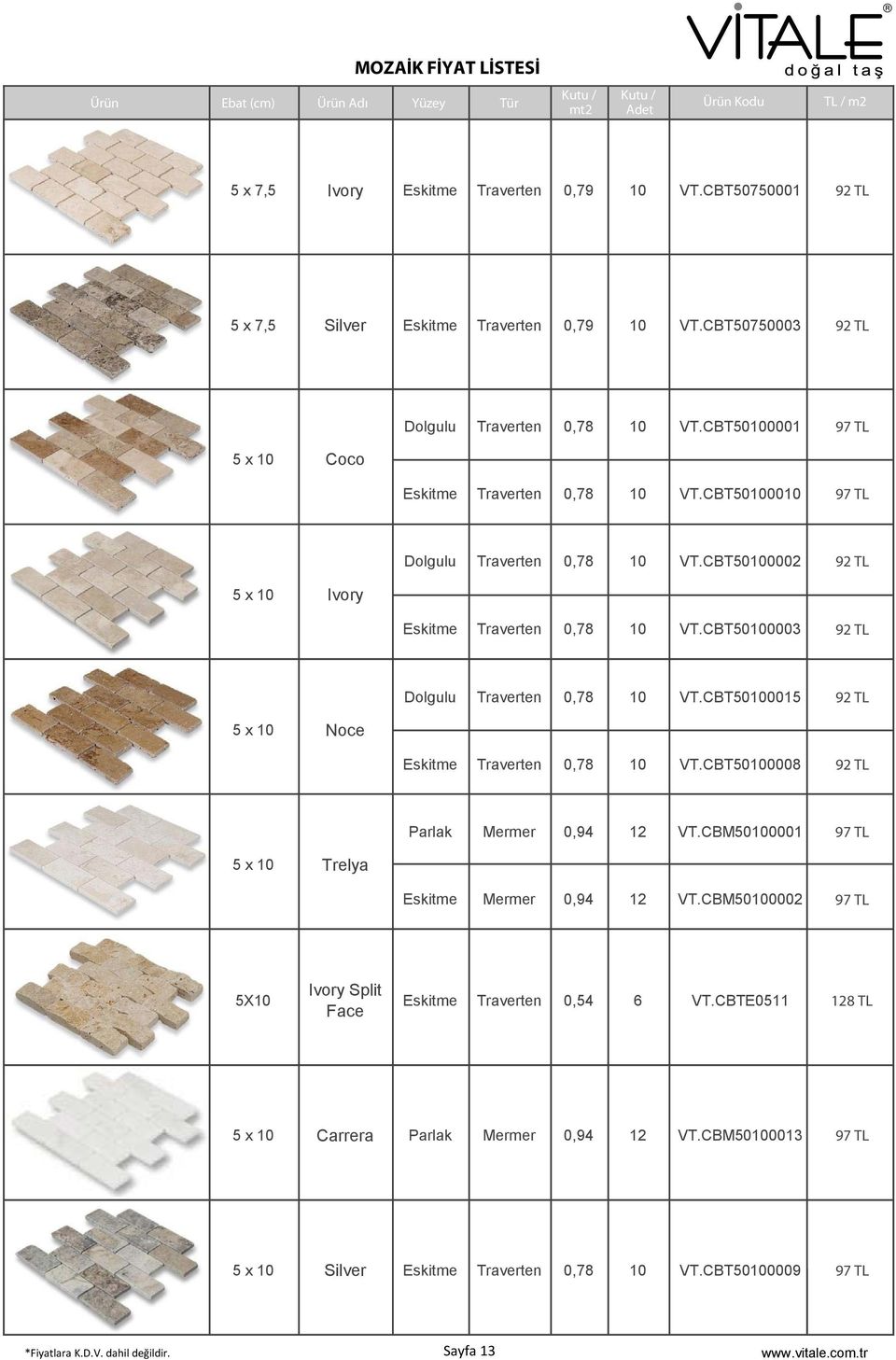 CBT50100003 92 TL 5 x 10 Noce Dolgulu Traverten 0,78 10 VT.CBT50100015 92 TL Eskitme Traverten 0,78 10 VT.CBT50100008 92 TL 5 x 10 Trelya Parlak Mermer 0,94 12 VT.