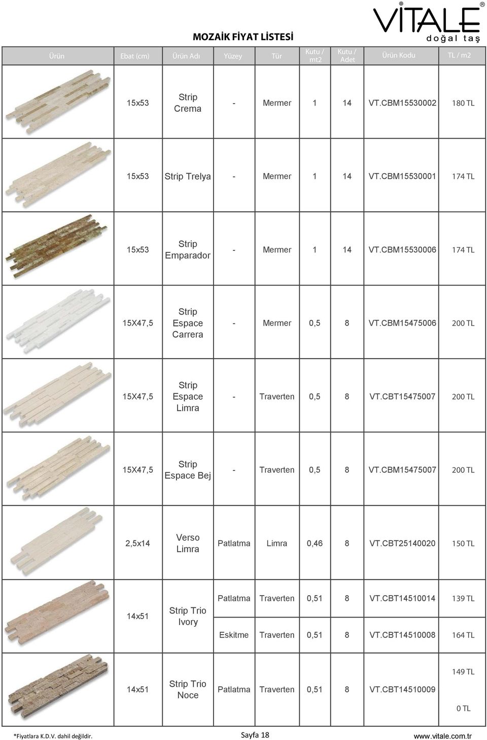 CBT15475007 200 TL 15X47,5 Strip Espace Bej - Traverten 0,5 8 VT.CBM15475007 200 TL 2,5x14 Verso Limra Patlatma Limra 0,46 8 VT.