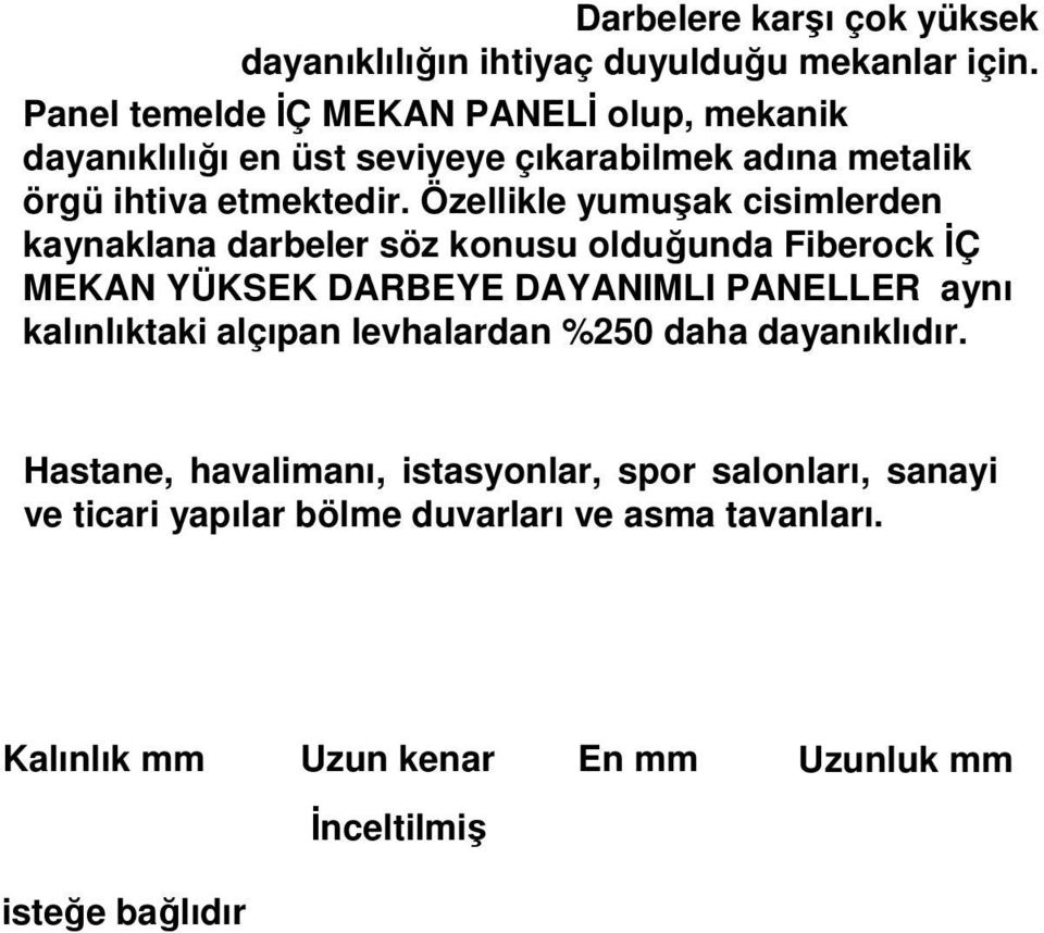 Özellikle yumuşak cisimlerden kaynaklana darbeler söz konusu olduğunda Fiberock İÇ MEKAN YÜKSEK DARBEYE DAYANIMLI PANELLER aynı kalınlıktaki alçıpan levhalardan