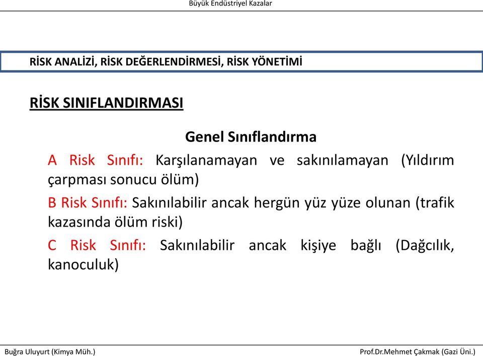 sonucu ölüm) B Risk Sınıfı: Sakınılabilir ancak hergün yüz yüze olunan (trafik