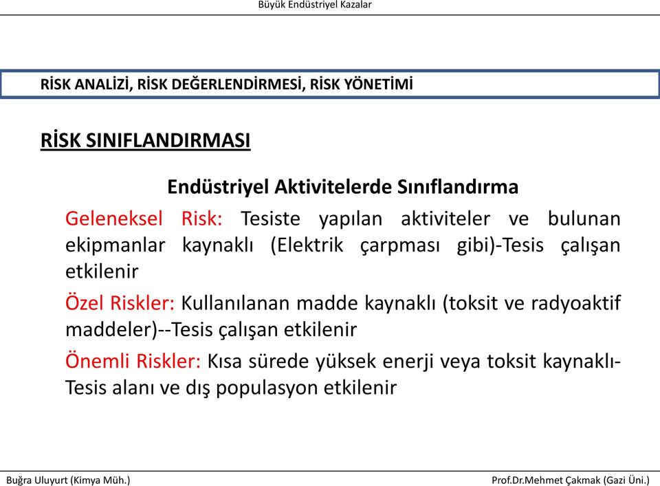 gibi)-tesis çalışan etkilenir Özel Riskler: Kullanılanan madde kaynaklı (toksit ve radyoaktif