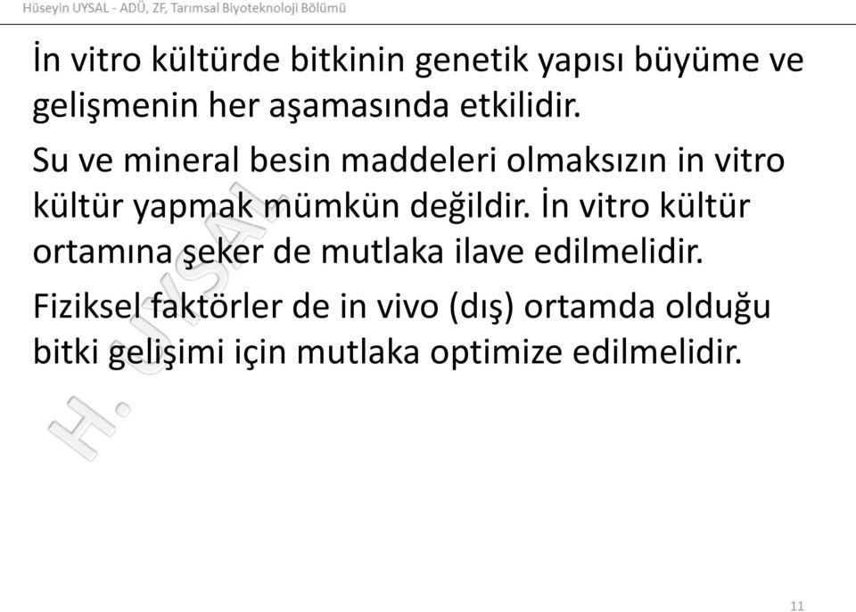 Su ve mineral besin maddeleri olmaksızın in vitro kültür yapmak mümkün değildir.