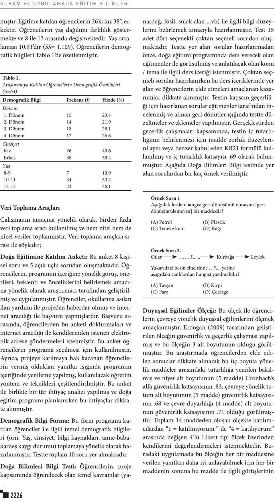 Dönem 2. Dönem 3. Dönem 4. Dönem Cinsiyet Kız Erkek Yaş 8-9 10-11 12-13 Veri Toplama Araçları 15 14 18 17 26 38 7 34 23 23.4 21.9 28.1 26.6 40.6 59.4 10.9 53.2 36.