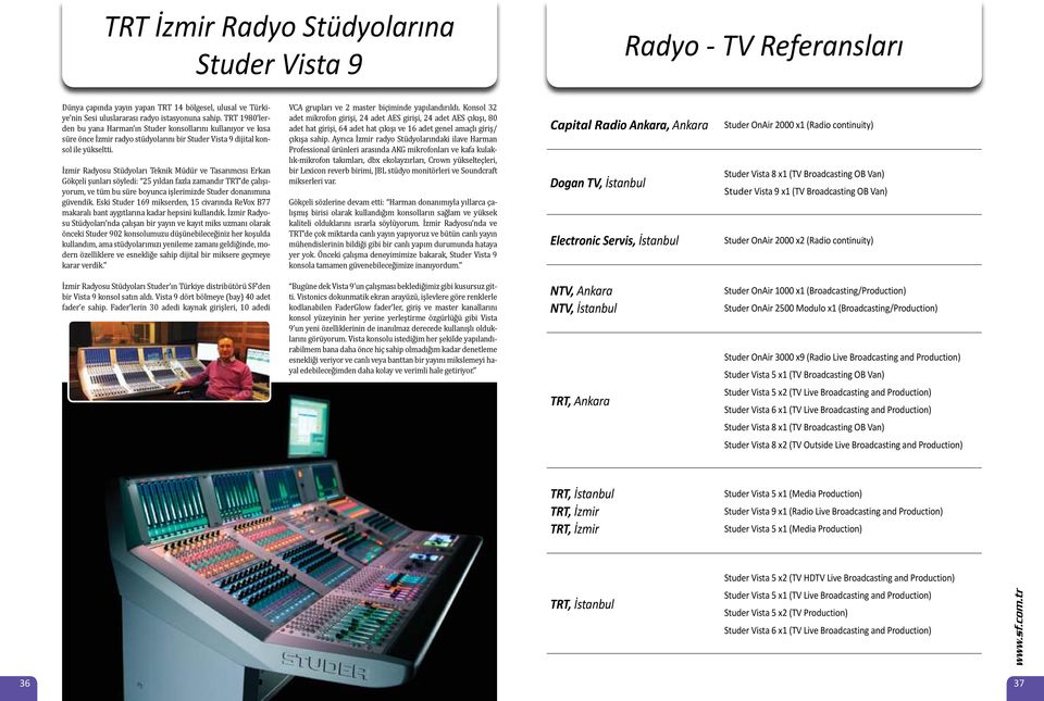 İzmir Radyosu Stüdyoları Teknik Müdür ve Tasarımcısı Erkan Gökçeli şunları söyledi: 25 yıldan fazla zamandır TRT de çalışıyorum, ve tüm bu süre boyunca işlerimizde Studer donanımına güvendik.