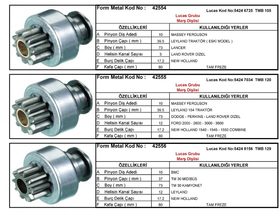 .D, on Lucas Kod No:5424 7034 TMB 120 Lucas Grubu * A Pinyon Diş Adedi 1O MASSEY FERGUSON B Pinyon Çapı ( mm ) s9.