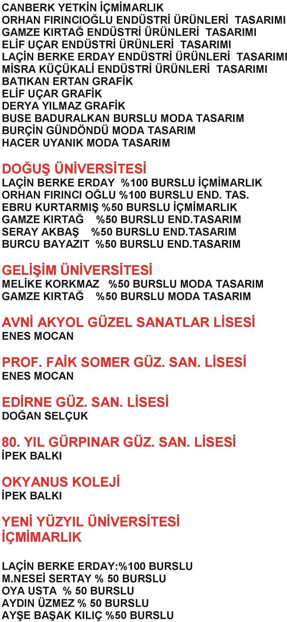 ÜNİVERSİTESİ LAÇİN BERKE ERDAY %100 BURSLU İÇMİMARLIK ORHAN FIRINCI OĞLU %100 BURSLU END. TAS. EBRU KURTARMIŞ %50 BURSLU İÇMİMARLIK GAMZE KIRTAĞ %50 BURSLU END.TASARIM SERAY AKBAŞ %50 BURSLU END.