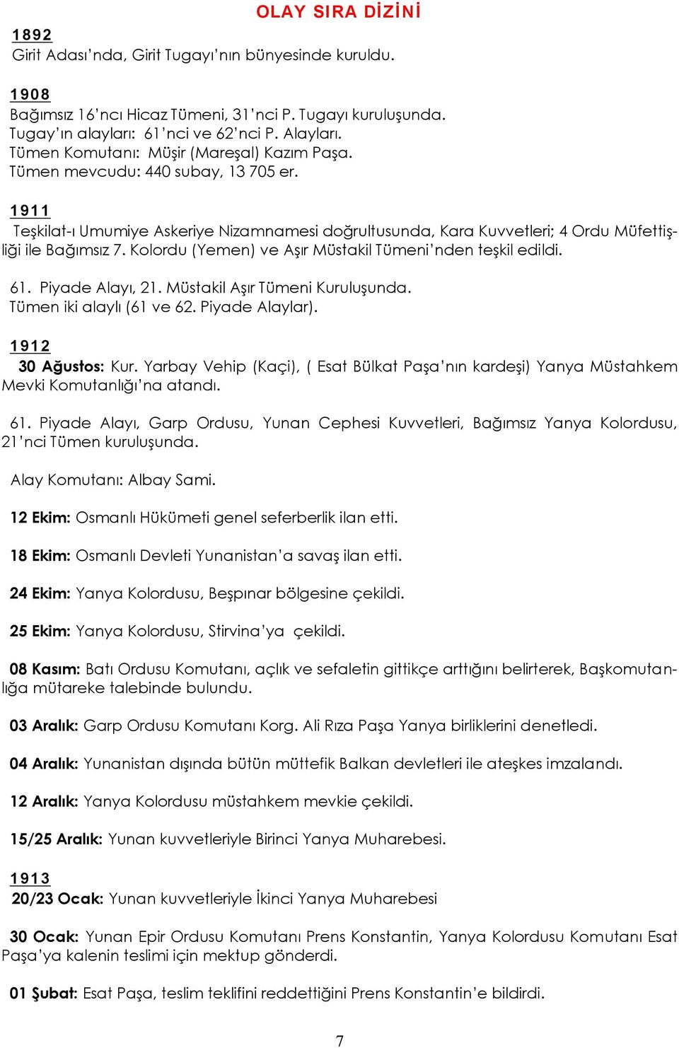 Kolordu (Yemen) ve Aşır Müstakil Tümeni nden teşkil edildi. 61. Piyade Alayı, 21. Müstakil Aşır Tümeni Kuruluşunda. Tümen iki alaylı (61 ve 62. Piyade Alaylar). 1912 30 Ağustos: Kur.