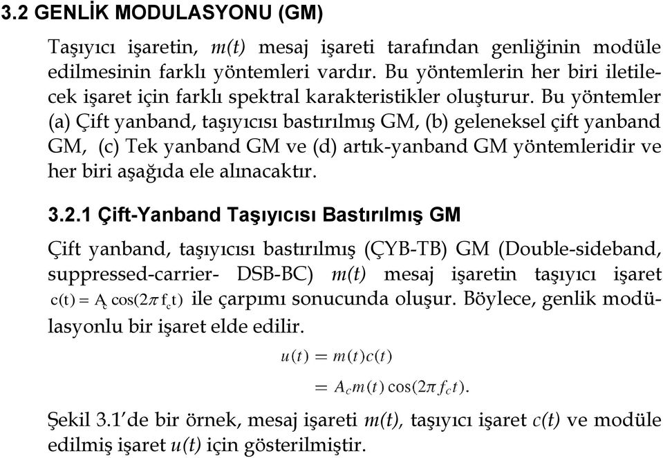 Bu yöntemler (a) Çift yanband, taşıyıcısı bastırılmış GM, (b) geleneksel çift yanband GM, (c) Tek yanband GM ve (d) artık-yanband GM yöntemleridir ve her biri aşağıda ele alınacaktır. 3.2.