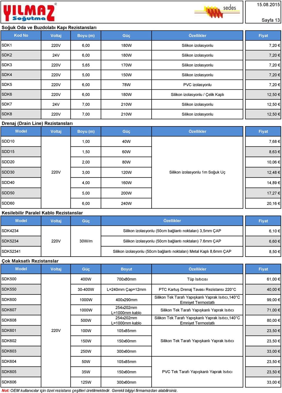 210W Silikon izolasyonlu 12,50 220V 7,00 210W Silikon izolasyonlu 12,50 Drenaj (Drain Line) Rezistansları Voltaj Boyu (m) Güç Özellikler SDD10 SDD15 SDD20 SDD30 SDD40 SDD50 SDD60 220V 1,00 40W 7,68