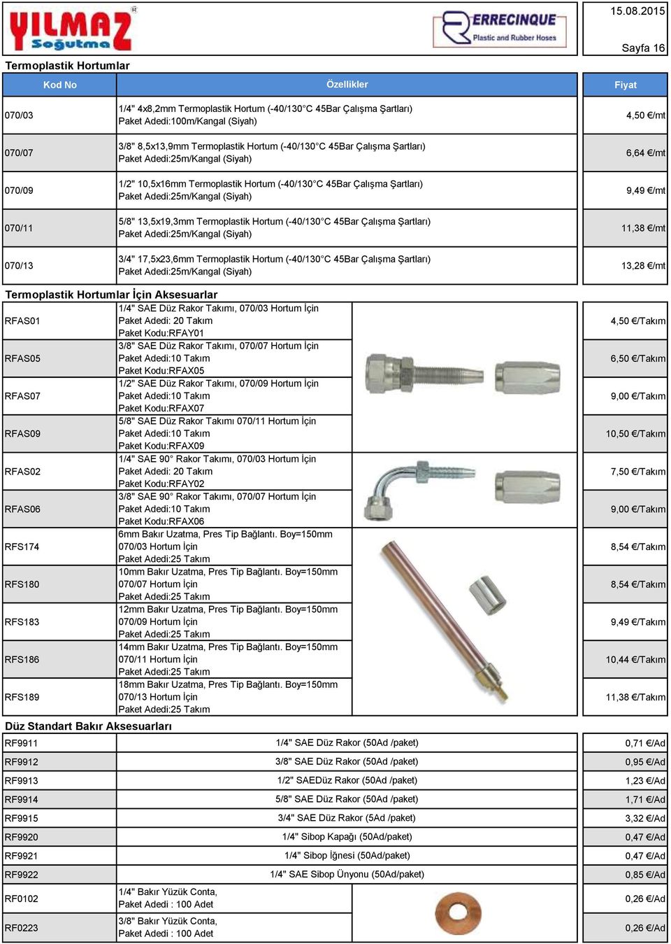 (Siyah) 9,49 /mt 070/11 5/8" 13,5x19,3mm Termoplastik Hortum (-40/130 C 45Bar Çalışma Şartları) Paket Adedi:25m/Kangal (Siyah) 11,38 /mt 070/13 3/4" 17,5x23,6mm Termoplastik Hortum (-40/130 C 45Bar