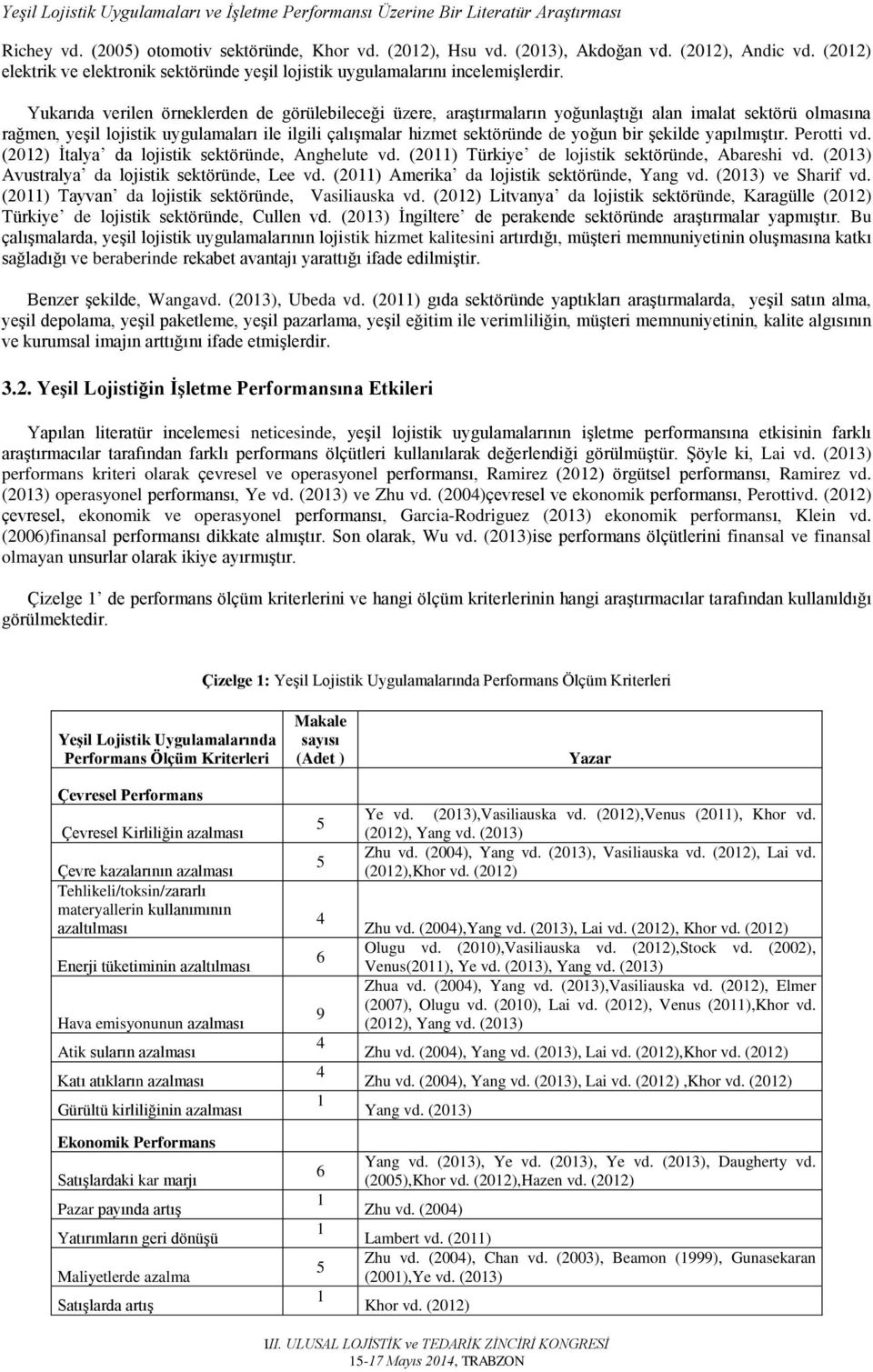 şekilde yapılmıştır. Perotti vd. (202) İtalya da lojistik sektöründe, Anghelute vd. (20) Türkiye de lojistik sektöründe, Abareshi vd. (203) Avustralya da lojistik sektöründe, Lee vd.