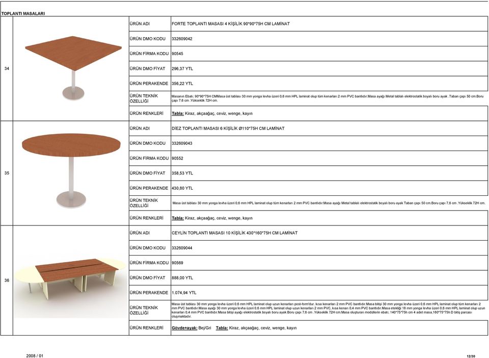 Tabla: Kiraz, akçaağaç, ceviz, wenge, kayın DİEZ TOPLANTI MASASI 6 KİŞİLİK Ø110*75H CM LAMİNAT ÜRÜN DMO KODU 332609043 ÜRÜN FİRMA KODU 90552 35 358,53 YTL 430,80 YTL Masa üst tablası 30 mm yonga