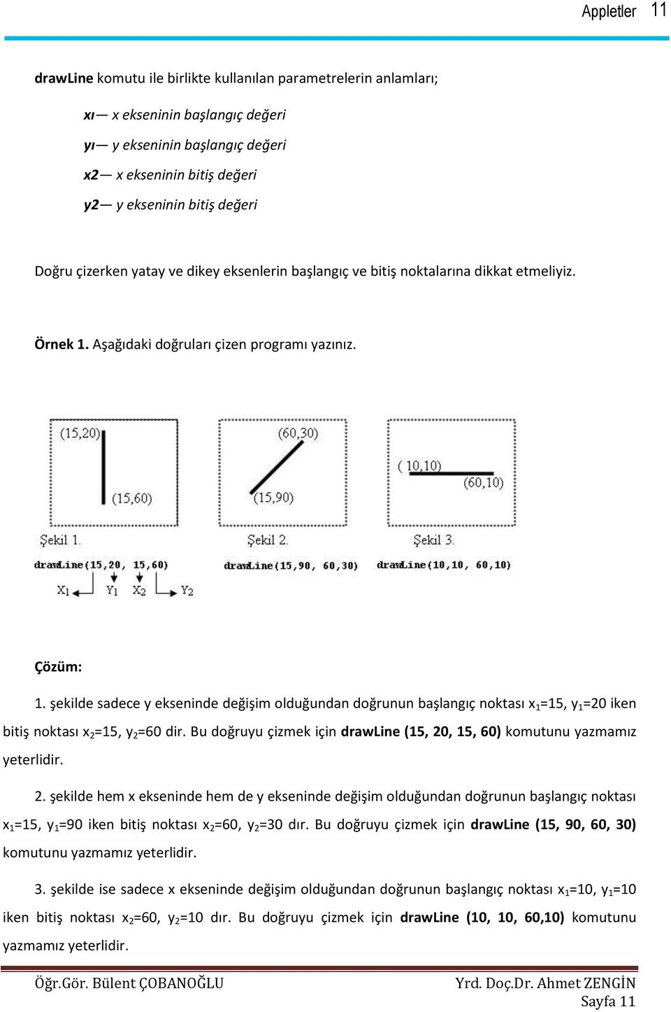 şekilde sadece y ekseninde değişim olduğundan doğrunun başlangıç noktası x 1 =15, y 1 =20 iken bitiş noktası x 2 =15, y 2 =60 dir.