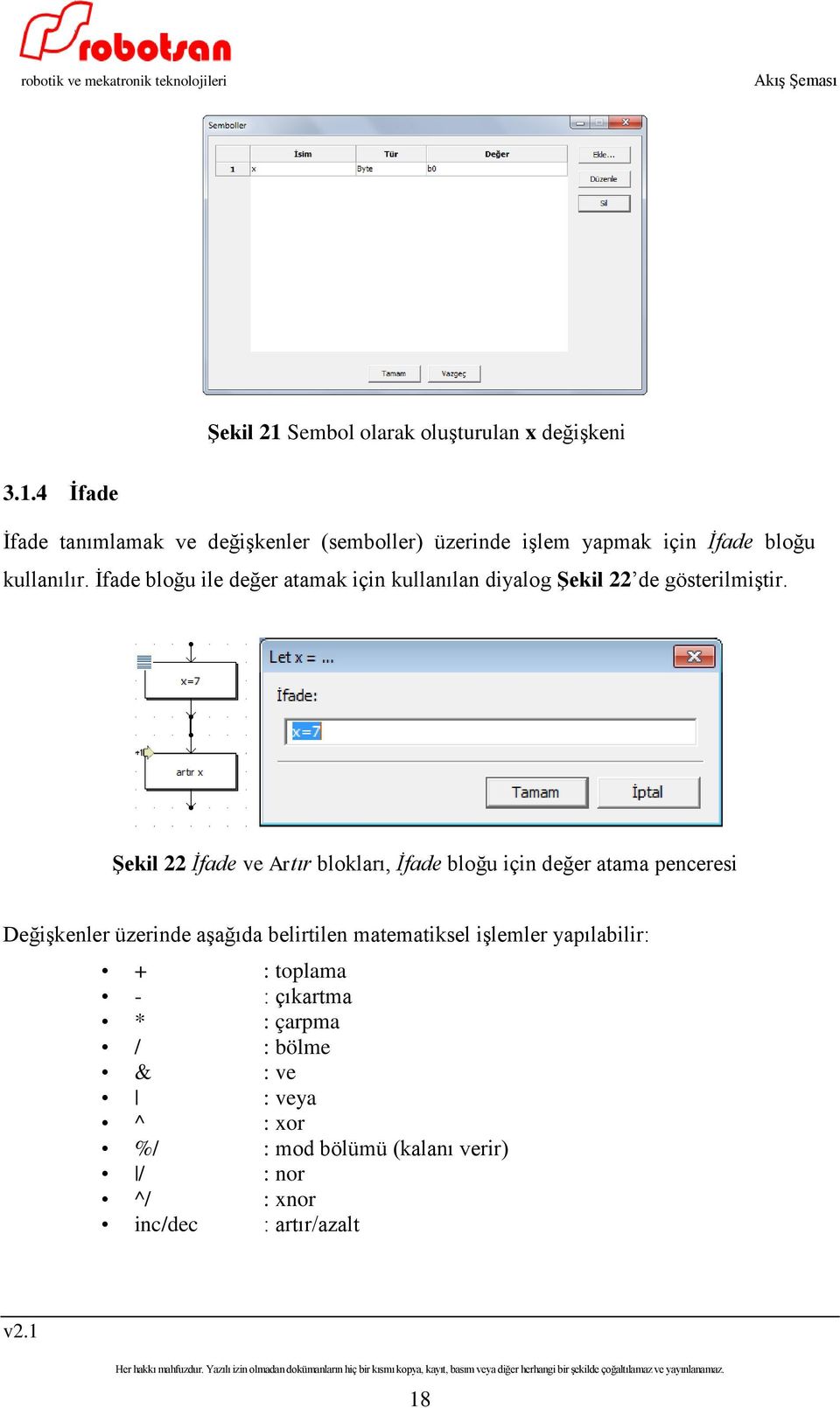 Şekil 22 İfade ve Artır blokları, İfade bloğu için değer atama penceresi Değişkenler üzerinde aşağıda belirtilen matematiksel