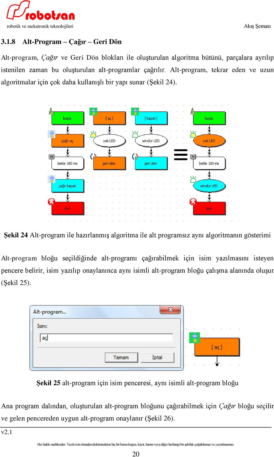 Şekil 24 Alt-program ile hazırlanmış algoritma ile alt programsız aynı algoritmanın gösterimi Alt-program bloğu seçildiğinde alt-programı çağırabilmek için isim yazılmasını isteyen pencere belirir,