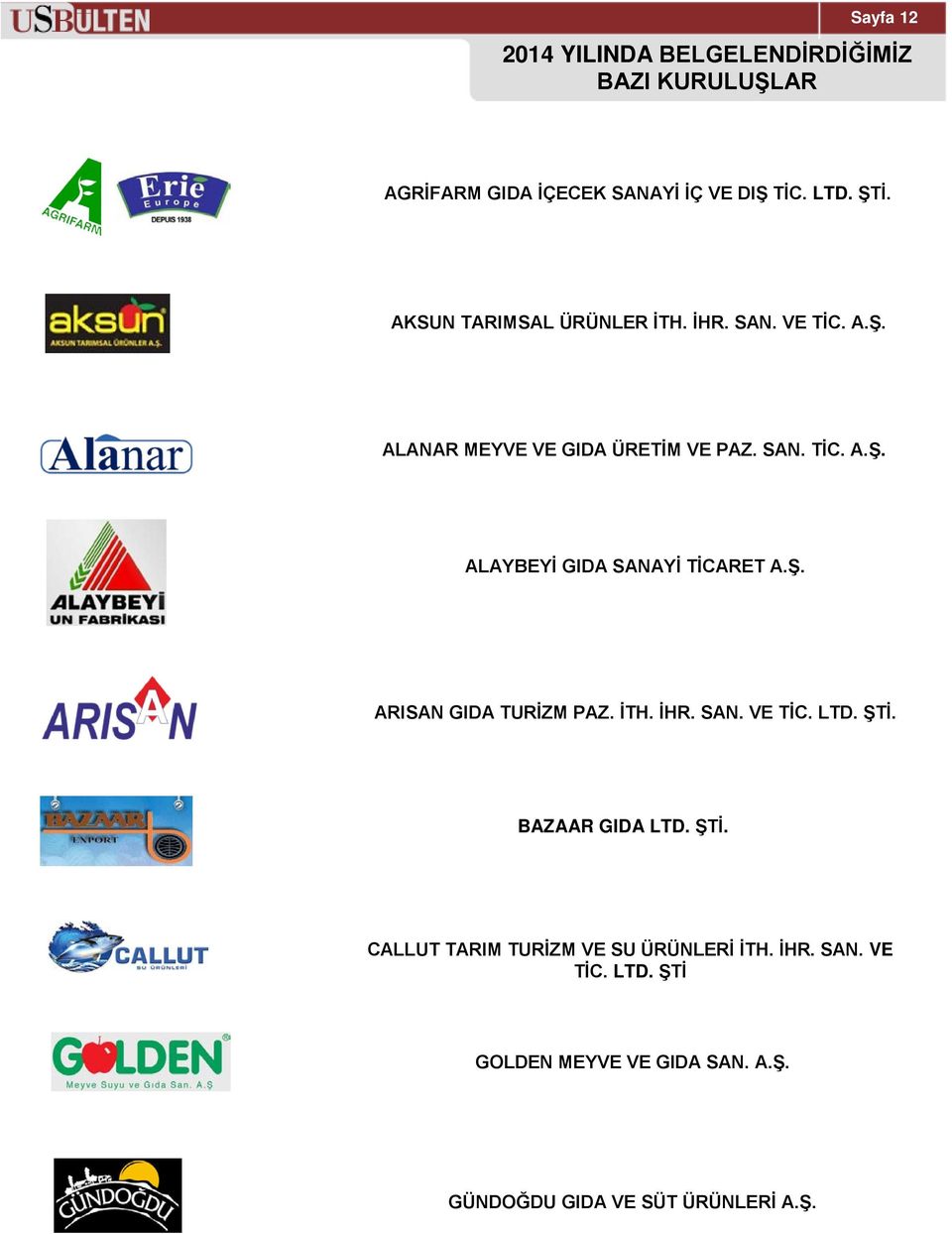 Ş. ARISAN GIDA TURİZM PAZ. İTH. İHR. SAN. VE TİC. LTD. ŞTİ. BAZAAR GIDA LTD. ŞTİ. CALLUT TARIM TURİZM VE SU ÜRÜNLERİ İTH.