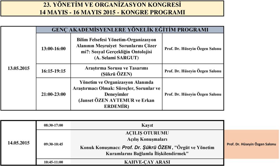 Hüseyin Özgen Salonu 13.05.2015 16:15-19:15 Araştırma Sorusu ve Tasarımı (Şükrü ÖZEN) Prof. Dr.