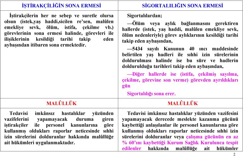 MALÛLLÜK Tedavisi imkânsız hastalıklar yüzünden vazifelerini yapamayacak duruma giren iştirakçiler ile personel kanunlarına göre kullanmış oldukları raporlar neticesinde sıhhi izin sürelerini