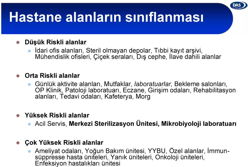 odaları, Rehabilitasyon alanları, Tedavi odaları, Kafeterya, Morg Yüksek Riskli alanlar Acil Servis, Merkezi Sterilizasyon Ünitesi, Mikrobiyoloji laboratuarı Çok