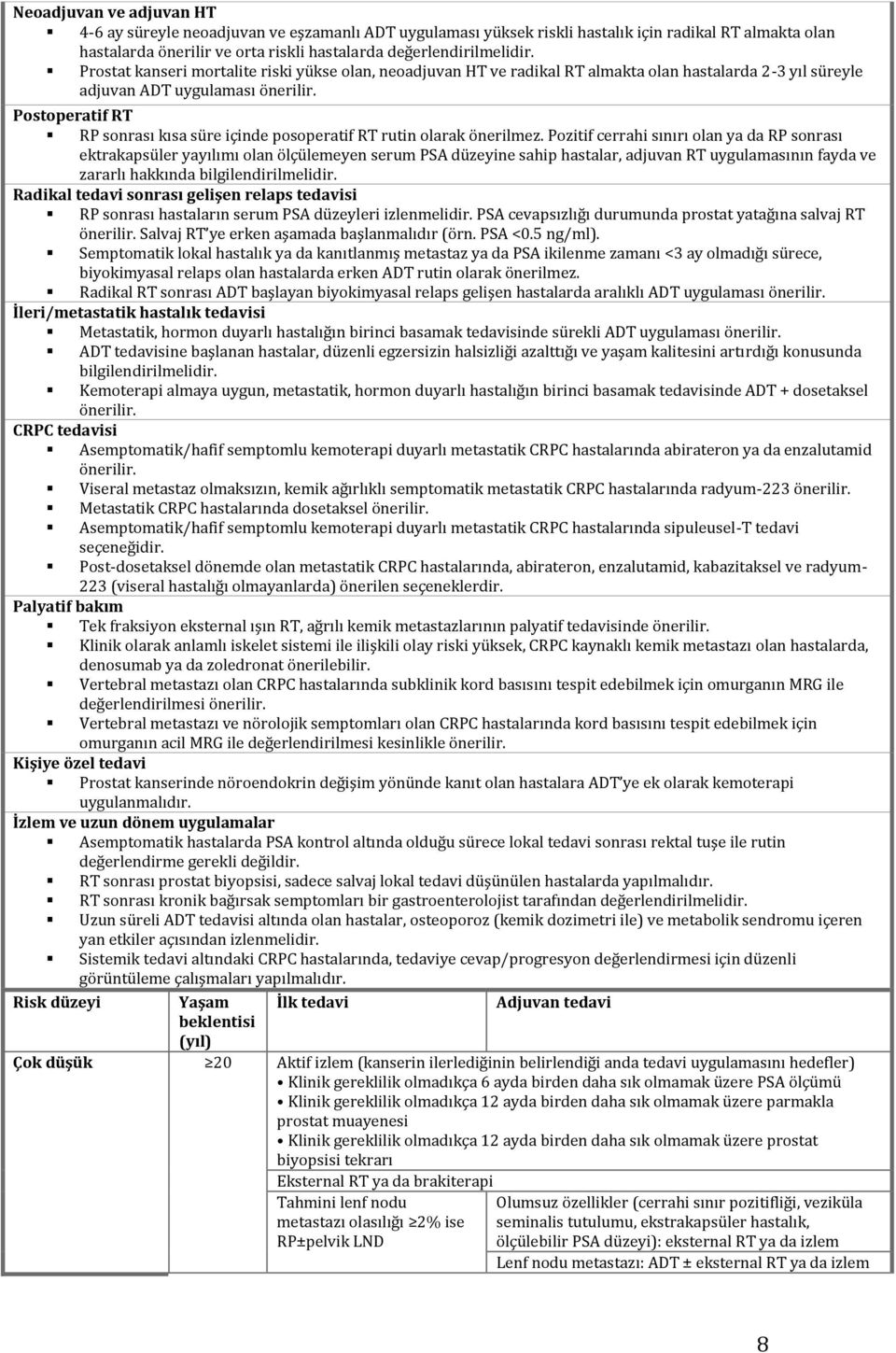 Postoperatif RT RP sonrası kısa süre içinde posoperatif RT rutin olarak önerilmez.