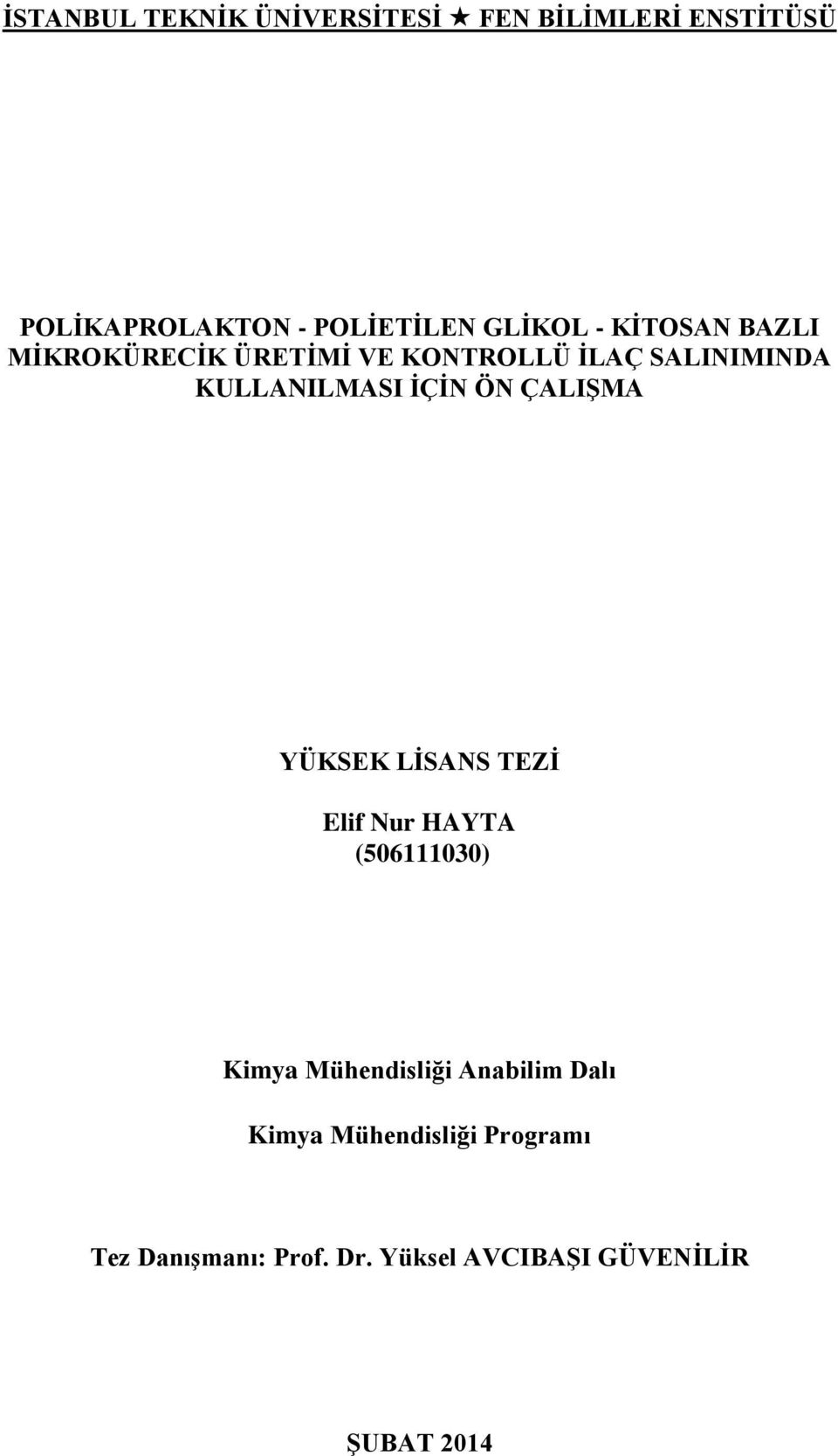 ÇALIŞMA YÜKSEK LİSANS TEZİ Elif Nur HAYTA (506111030) Kimya Mühendisliği Anabilim Dalı