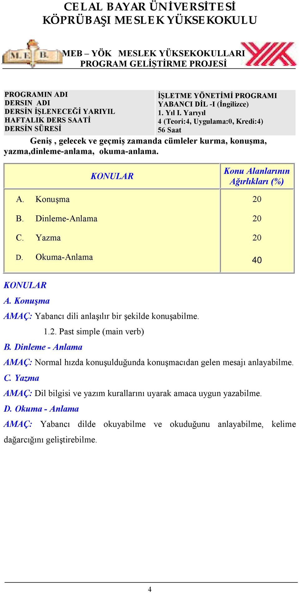 Konuşma B. Dinleme-Anlama C. Yazma D. Okuma-Anlama 40 A. Konuşma AMAÇ: Yabancı dili anlaşılır bir şekilde konuşabilme. 1.2. Past simple (main verb) B.