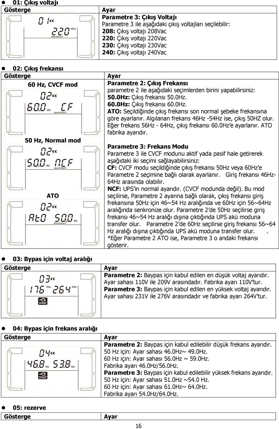 0Hz: Çıkış frekansı 50.0Hz. 60.0Hz: Çıkış frekansı 60.0Hz. ATO: Seçildiğinde çıkış frekansı son normal şebeke frekansına göre ayarlanır. Algılanan frekans 46Hz -54Hz ise, çıkış 50HZ olur.