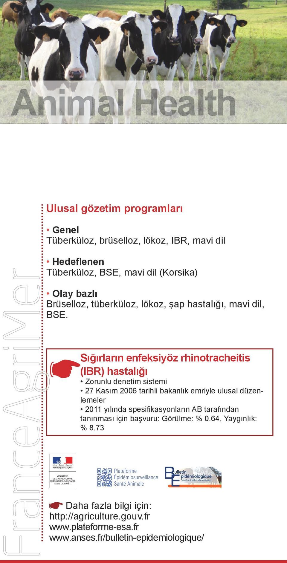 Sığırların enfeksiyöz rhinotracheitis (IBR) hastalığı Zorunlu denetim sistemi 27 Kasım 2006 tarihli bakanlık emriyle ulusal düzenlemeler 2011