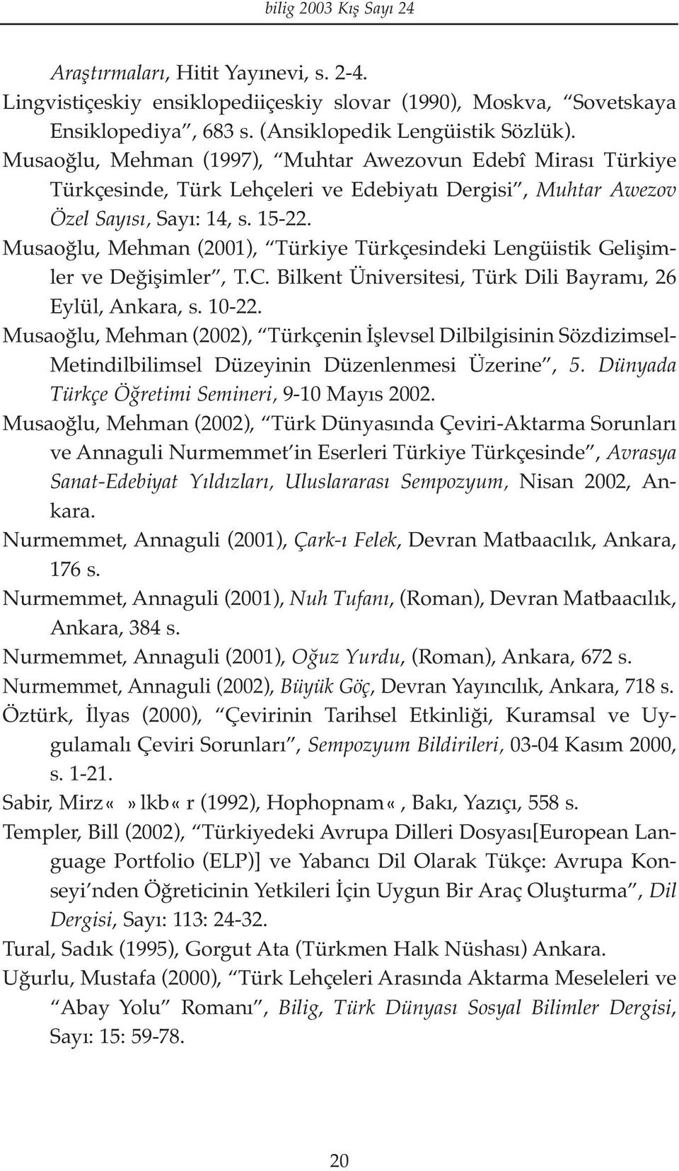 Musaoğlu, Mehman (2001), Türkiye Türkçesindeki Lengüistik Gelişimler ve Değişimler, T.C. Bilkent Üniversitesi, Türk Dili Bayramı, 26 Eylül, Ankara, s. 10-22.