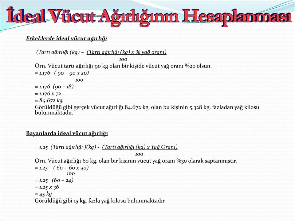 Görüldüğü gibi gerçek vücut ağırlığı 84.672 kg. olan bu kişinin 5.328 kg. fazladan yağ kilosu bulunmaktadır. Bayanlarda ideal vücut ağırlığı = 1.