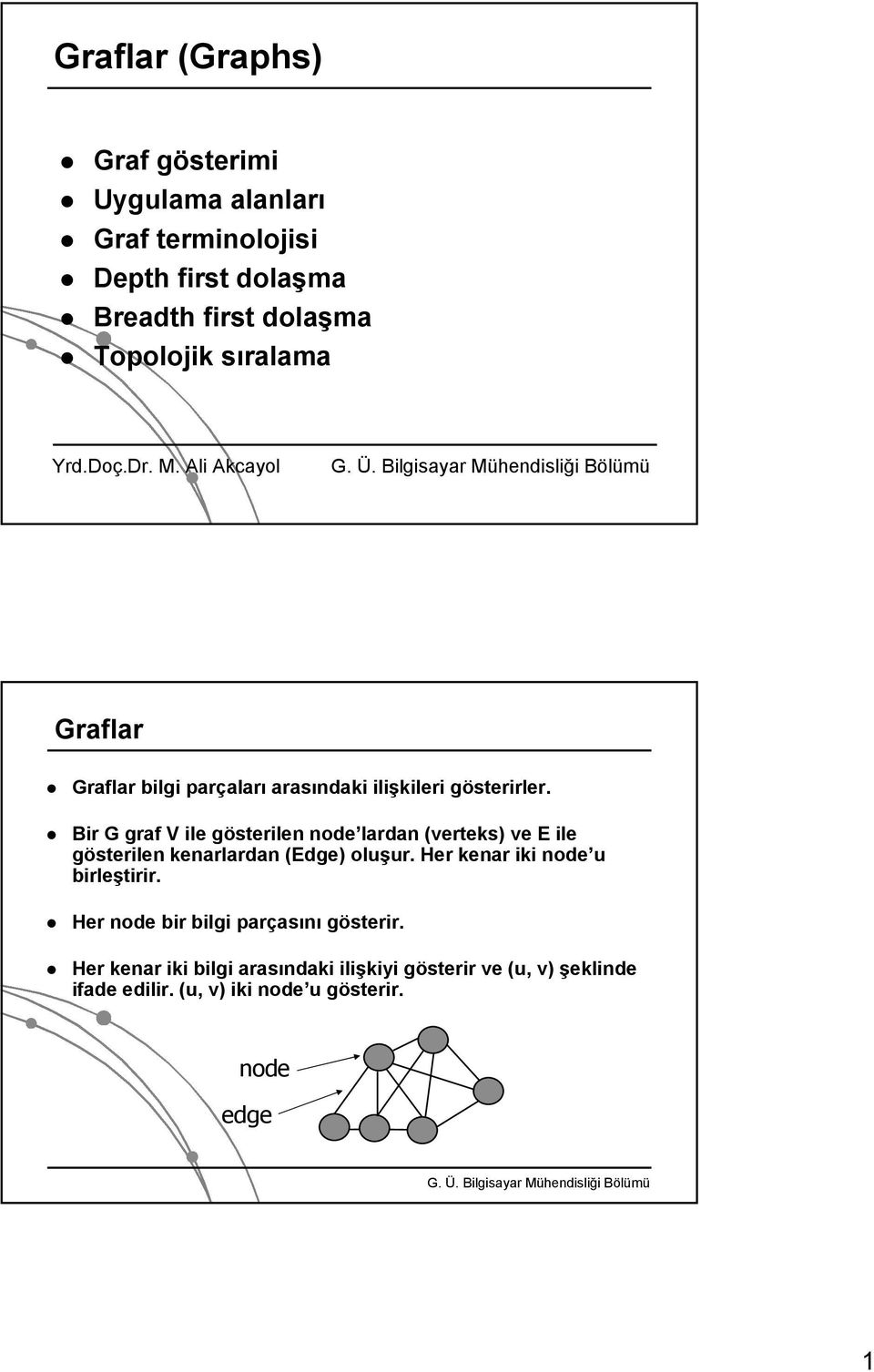 Bir G graf V ile gösterilen node lardan (verteks) ve E ile gösterilen kenarlardan (Edge) oluşur.