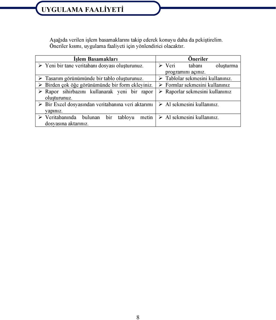 Veri tabanı oluşturma programını açınız. Tasarım görünümünde bir tablo oluşturunuz. Tablolar sekmesini kullanınız. Birden çok öğe görünümünde bir form ekleyiniz.