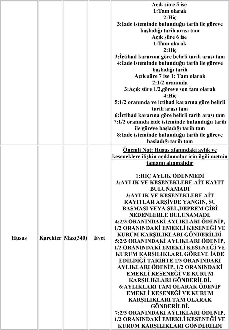 arası tam 6:Ġçtihad kararına göre belirli tarih arası tam 7:1/2 oranında iade isteminde bulunduğu tarih ile göreve baģladığı tarih tam 8:Ġade isteminde bulunduğu tarih ile göreve baģladığı tarih tam