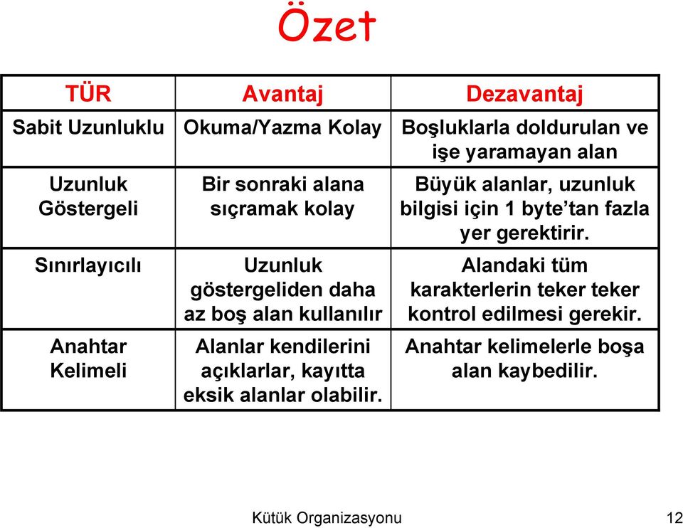 olabilir. Boşluklarla doldurulan ve işe yaramayan alan Büyük alanlar, uzunluk bilgisi için 1 byte tan fazla yer gerektirir.