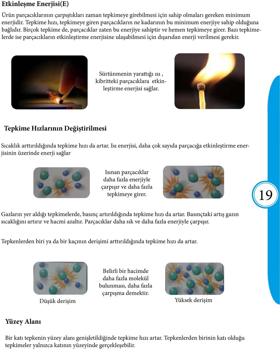 Bazı tepkimelerde ise parçacıkların etkinleştirme enerjisine ulaşabilmesi için dışarıdan enerji verilmesi gerekir. Sürtünmenin yarattığı ısı, kibritteki parçacıklara etkinleştirme enerjisi sağlar.