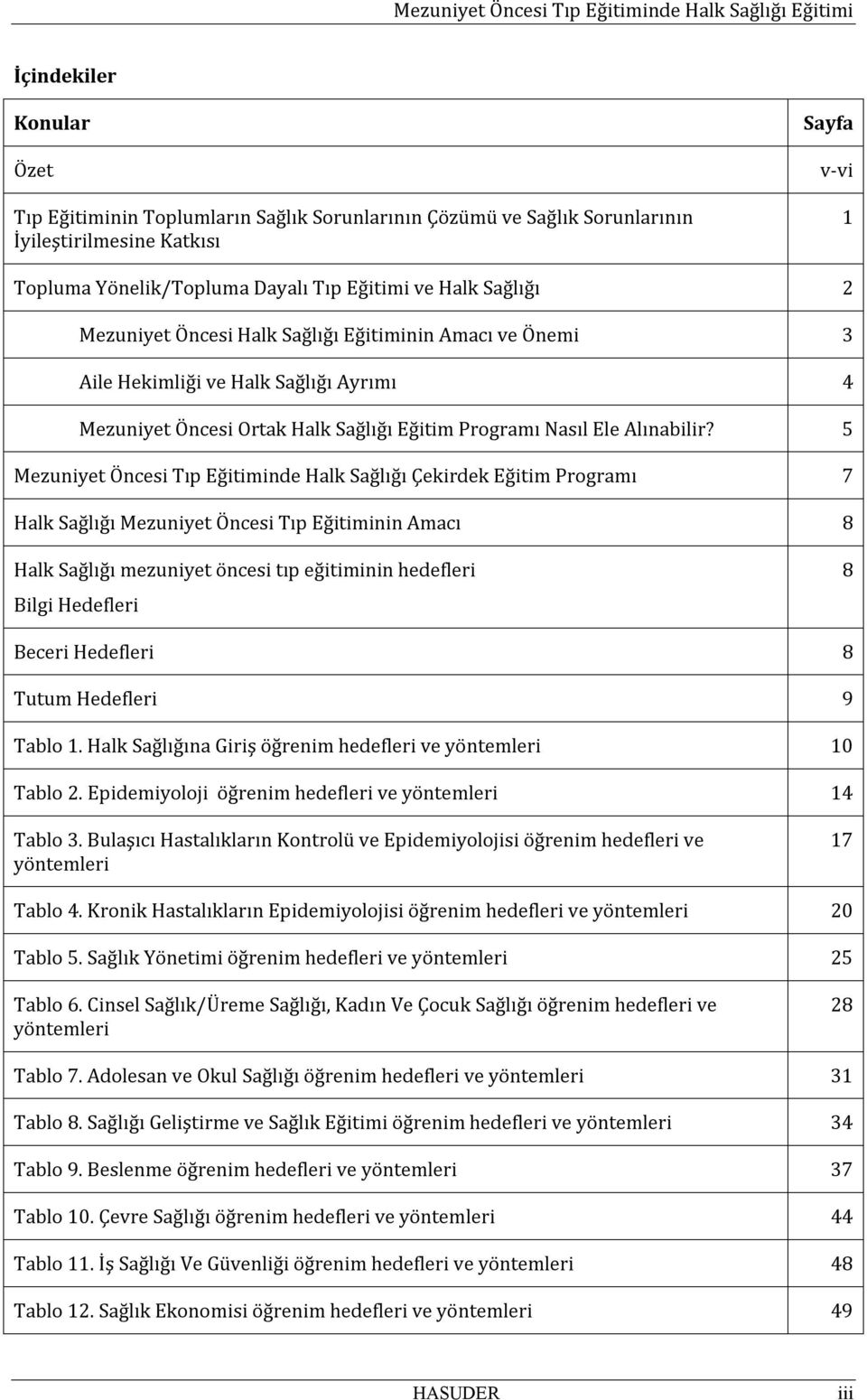 5 Mezuniyet Öncesi Tıp inde Halk Sağlığı Çekirdek Programı 7 Halk Sağlığı Mezuniyet Öncesi Tıp inin Amacı 8 Halk Sağlığı mezuniyet öncesi tıp eğitiminin hedefleri Bilgi Hedefleri 8 Beceri Hedefleri 8