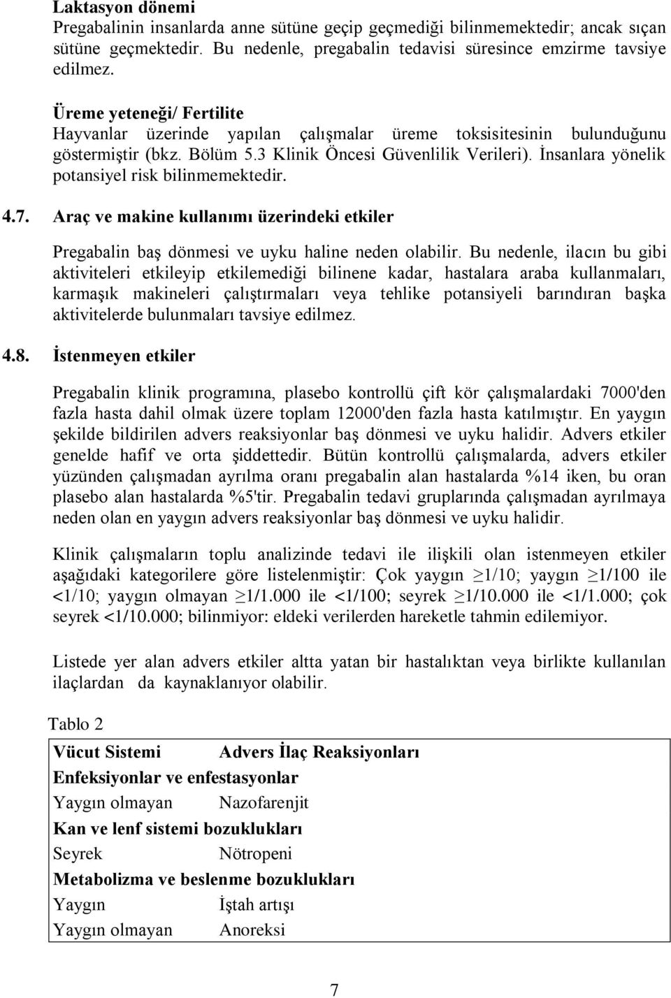 İnsanlara yönelik potansiyel risk bilinmemektedir. 4.7. Araç ve makine kullanımı üzerindeki etkiler Pregabalin baş dönmesi ve uyku haline neden olabilir.