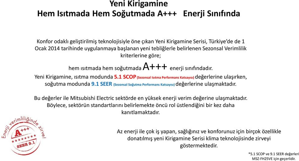 1 SCOP (Sezonsal Isıtma Performans Katsayısı) değerlerine ulaşırken, soğutma modunda 9.1 SEER (Sezonsal Soğutma Performans Katsayısı) değerlerine ulaşmaktadır.