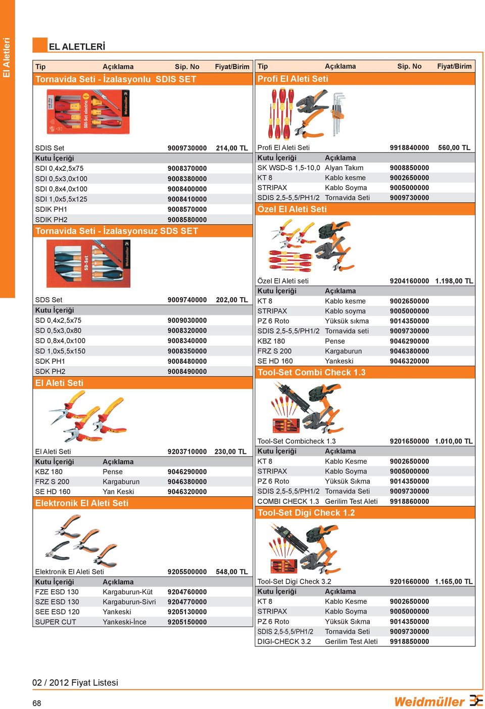 PH2 9008580000 Tornavida Seti - İzalasyonsuz SDS SET Profi El Aleti Seti 9918840000 560,00 TL Açıklama SK WSD-S 1,5-10,0 Alyan Takım 9008850000 KT 8 Kablo kesme 9002650000 STRIPAX Kablo Soyma