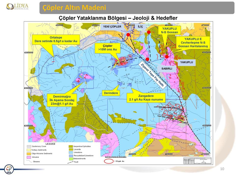 5g/t a kadar Au YAKUPLU E Cevherleşme N-S Gossan Haritalanmış Çöpler >10M ons