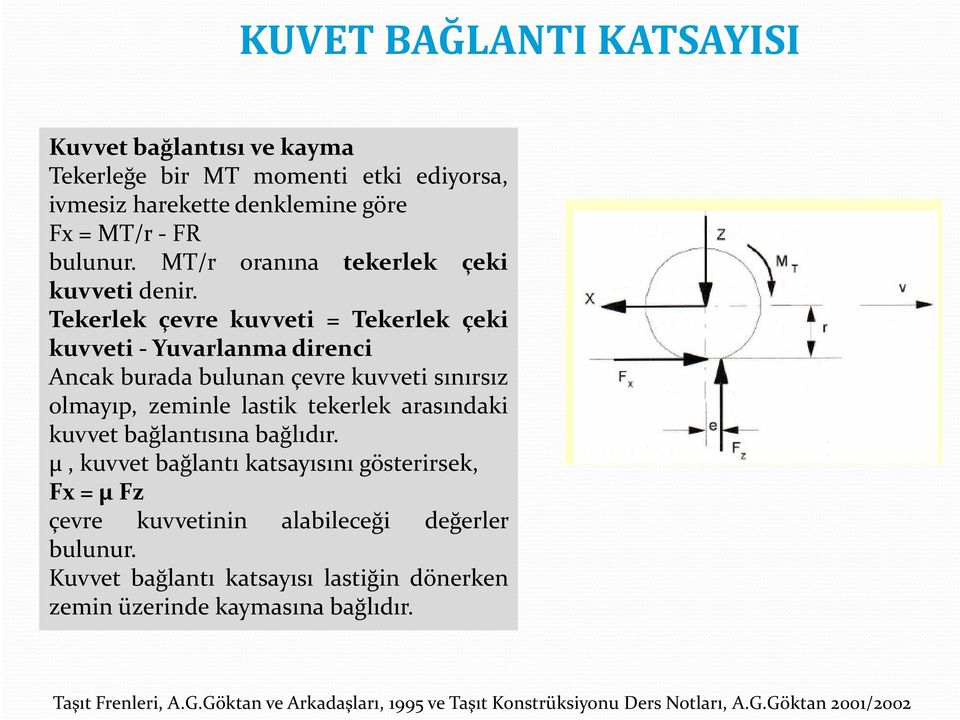 Tekerlek çevre kuvveti = Tekerlek çeki kuvveti- Yuvarlanma direnci Ancak burada bulunan çevre kuvveti sınırsız olmayıp, zeminle lastik tekerlek arasındaki kuvvet