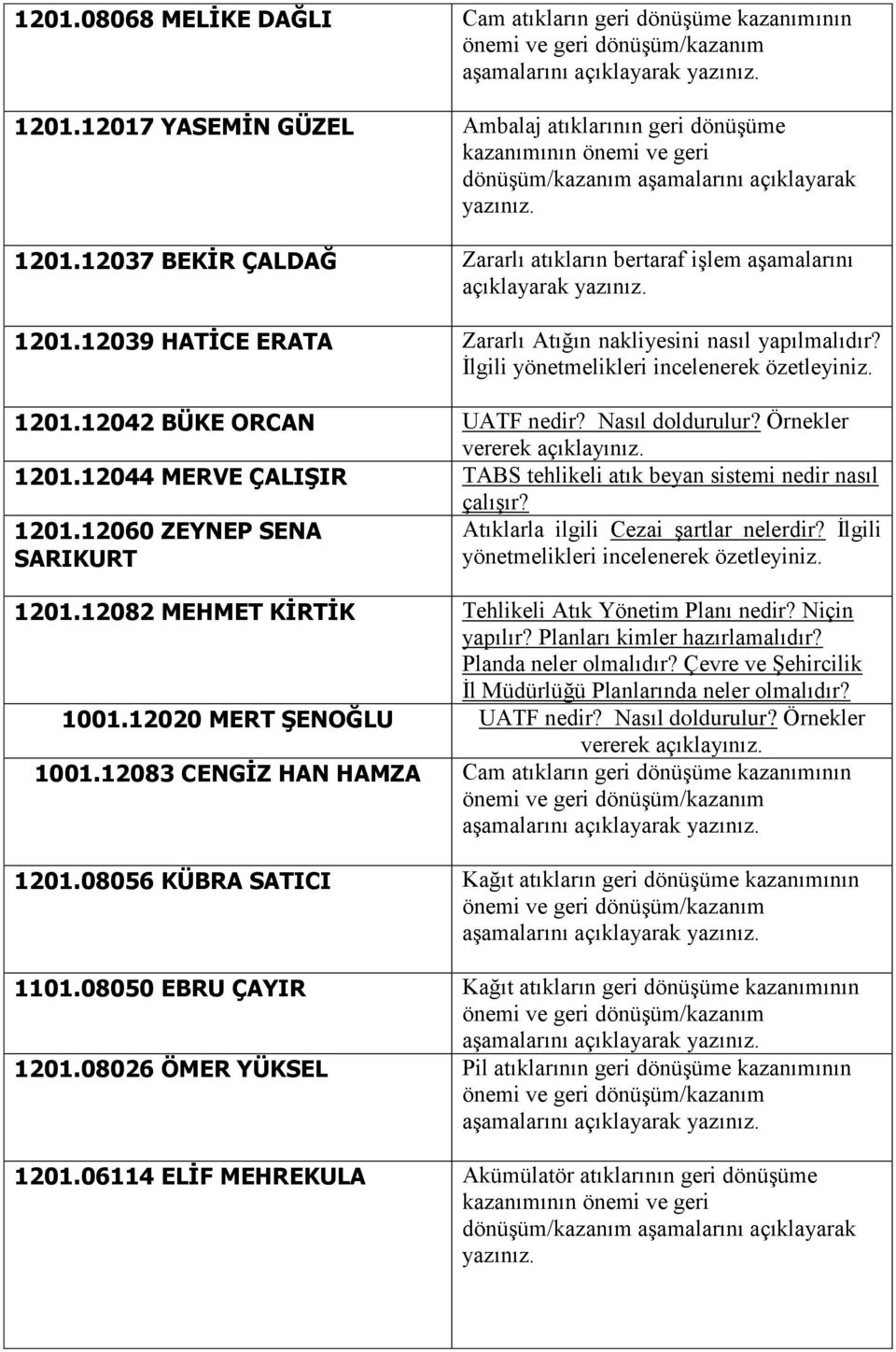 12042 BÜKE ORCAN UATF nedir? Nasıl doldurulur? Örnekler vererek açıklayınız. 1201.12044 MERVE ÇALIŞIR TABS tehlikeli atık beyan sistemi nedir nasıl çalışır? 1201.12060 ZEYNEP SENA SARIKURT Atıklarla ilgili Cezai şartlar nelerdir?