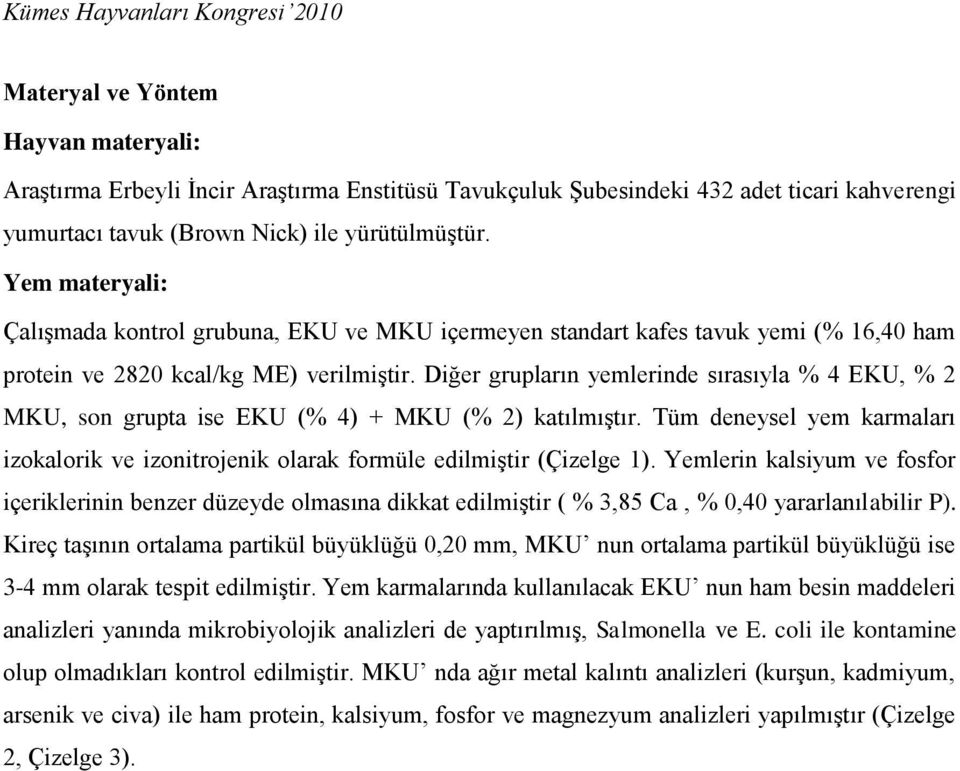 Diğer grupların yemlerinde sırasıyla % 4 EKU, % 2 MKU, son grupta ise EKU (% 4) + MKU (% 2) katılmıştır. Tüm deneysel yem karmaları izokalorik ve izonitrojenik olarak formüle edilmiştir (Çizelge 1).