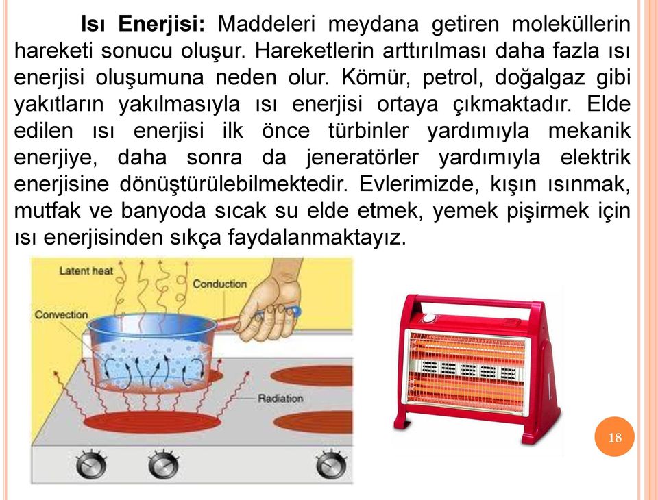 Kömür, petrol, doğalgaz gibi yakıtların yakılmasıyla ısı enerjisi ortaya çıkmaktadır.