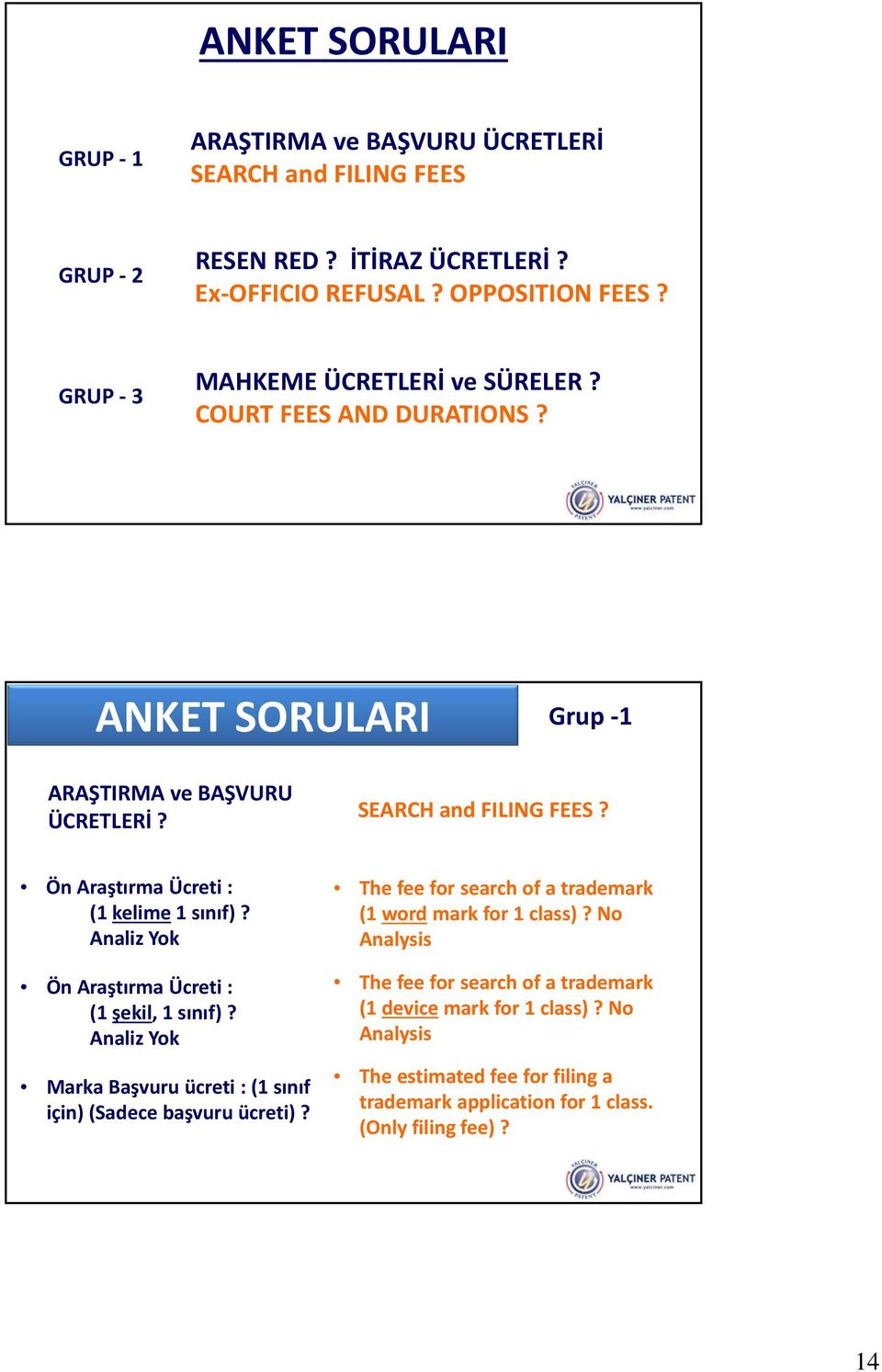 Ön Araştırma Ücreti : (1 kelime 1 sınıf)? Analiz Yok Ön Araştırma Ücreti : (1 şekil, 1 sınıf)? Analiz Yok Marka Başvuru ücreti : (1 sınıf için) (Sadece başvuru ücreti)?