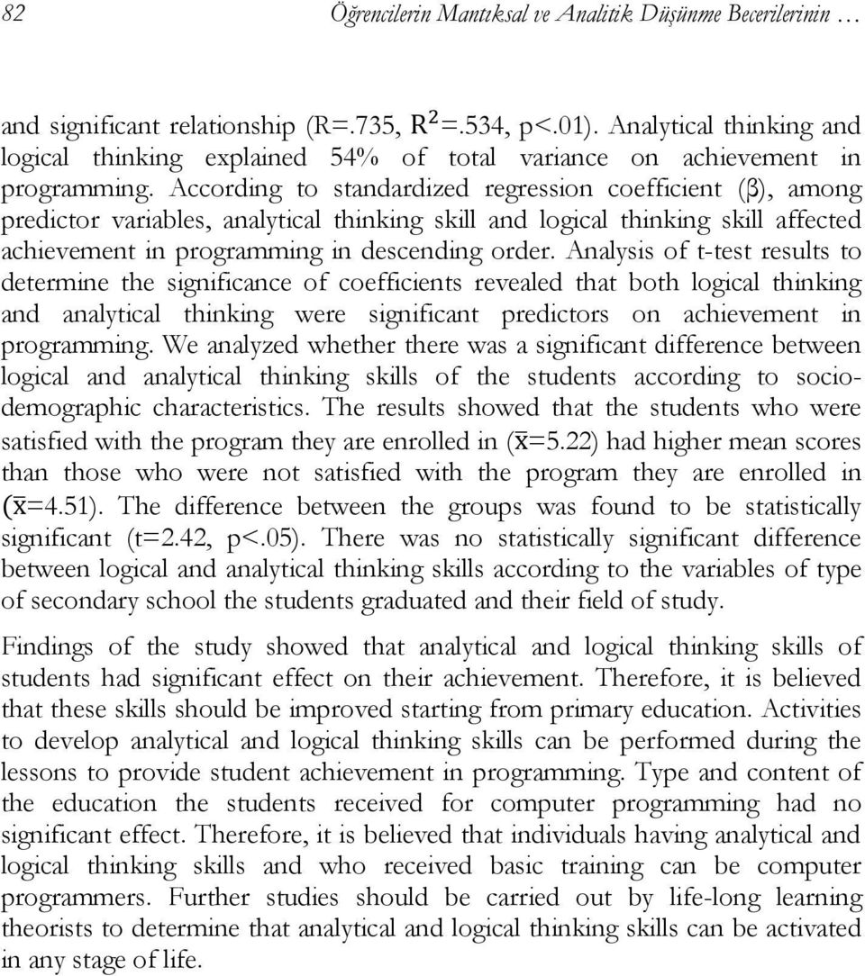 According to standardized regression coefficient (β), among predictor variables, analytical thinking skill and logical thinking skill affected achievement in programming in descending order.